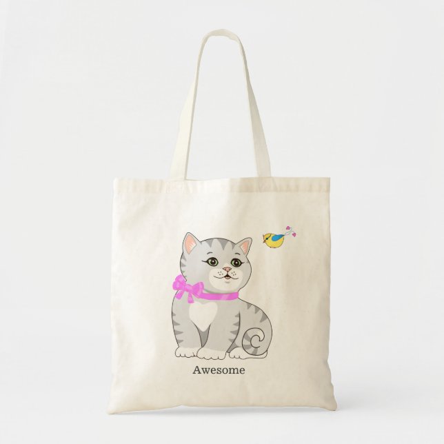 Tote Bag Cute Tabby Kitty Chat et Petit Oiseau (Devant)