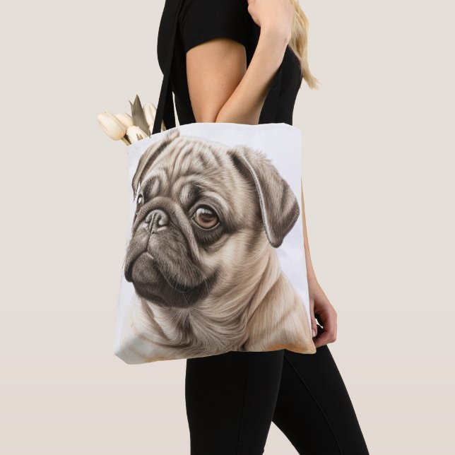 TOTE BAG CUTE TAN & BLACK CARLIN PUPPY DOG (De près)
