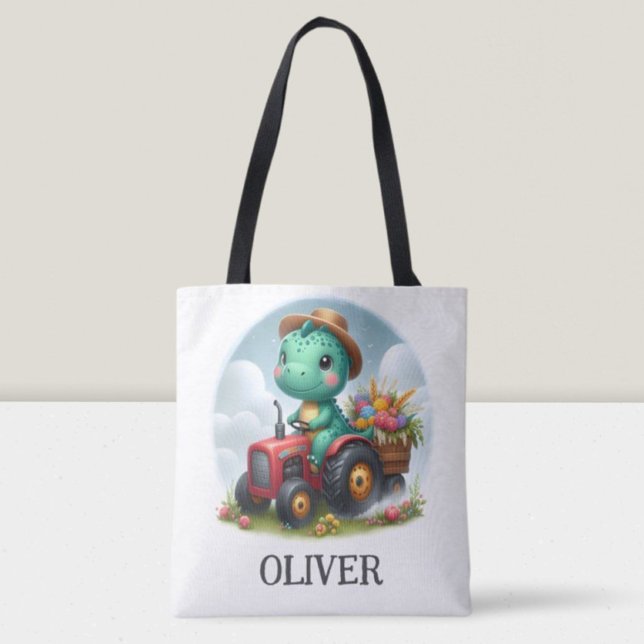 Tote Bag Cute Trex Dinosaur conduisant un tracteur rouge (Créateur téléchargé)