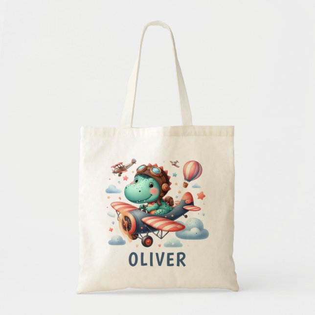 Tote Bag Cute Trex Dinosaur vole un avion de charme (Devant)