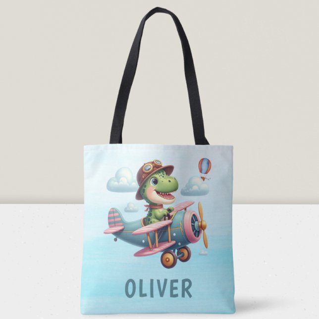Tote Bag Cute Trex Dinosaur vole un avion de charme (Créateur téléchargé)