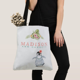 Tote Bag Cute Tropical Penguin Rose Ajouter un nom Baby