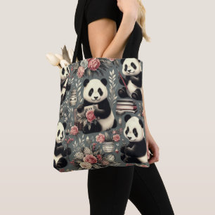 Tote Bag Cute Vintage Panda Floral