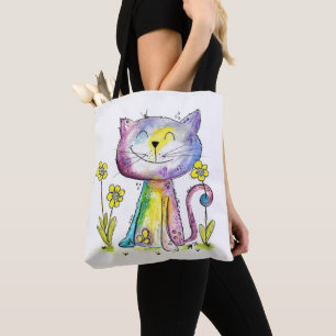 Tote Bag Cute Whimsical Happy Chat avec Fleur Jaune