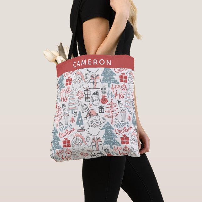 Tote Bag Cute Whimsical Père Noël sapin de Noël personnalis (De près)