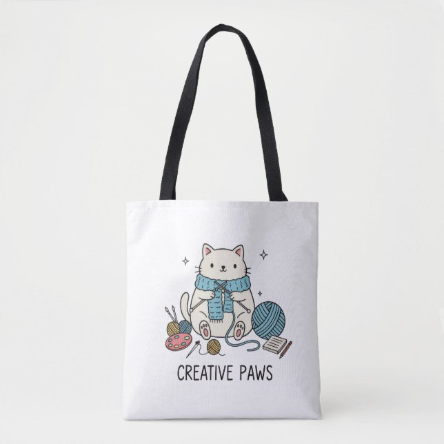 Tote Bag Cute White Cat Knitting Hobbyist Accessory Design (Devant)