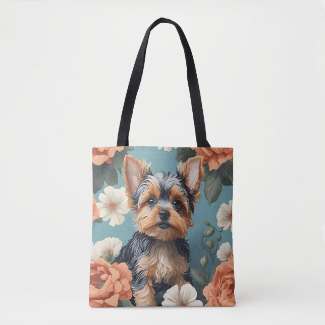 Tote Bag Cute Yorkshire Terrier Puppy Floral (Devant)