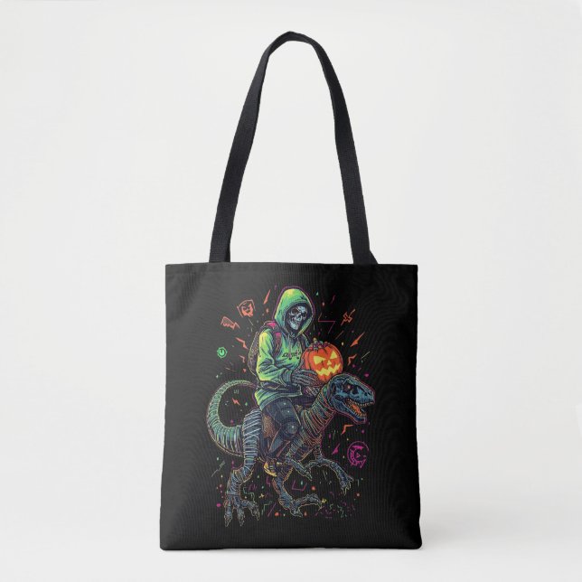 Tote Bag Cyber Neon Skeleton équitation Robo Dino - Hallowe (Devant)