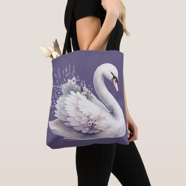 Tote Bag Cygne aquarelle avec fleurs de lavande (De près)