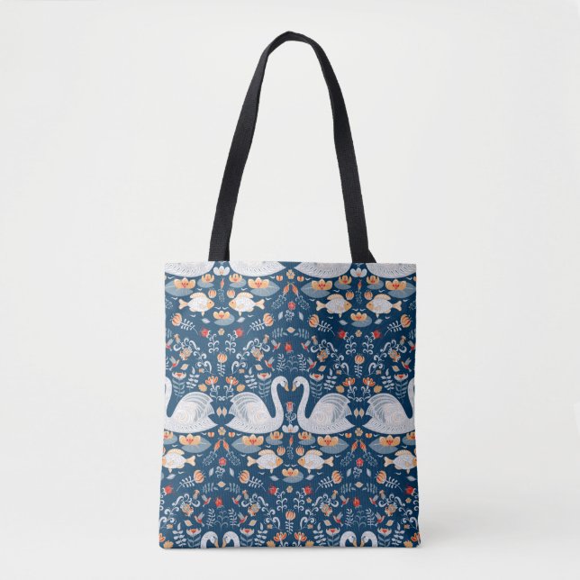 Tote Bag Cygnes, poissons, fleurs sur un arrière - plan ble (Devant)