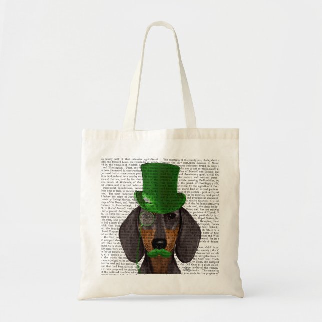 Tote Bag Dachshund avec Chapeau Vert Haut Chapeau Noir Tan  (Devant)