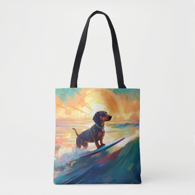 Tote Bag Dachshund Beach Surf Peinture (Devant)