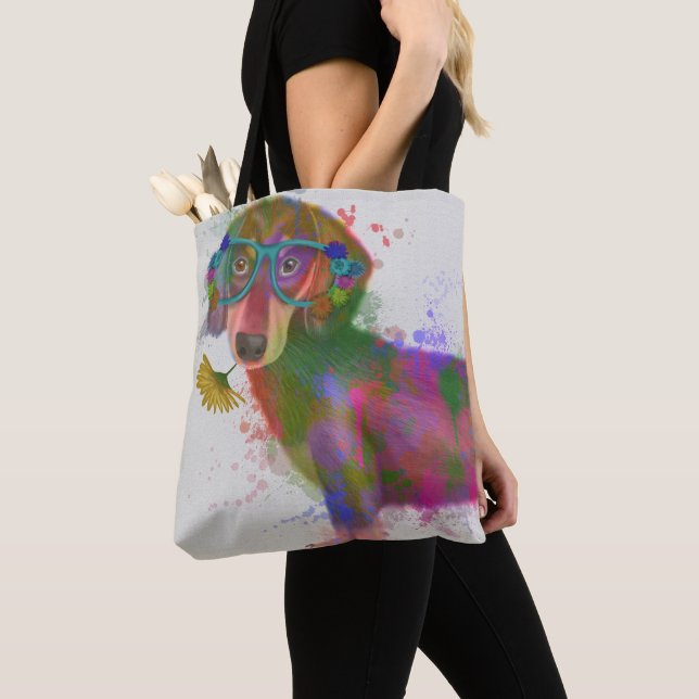 Tote Bag Dachshund & Lunettes Rainbow Splash (De près)