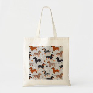 Tote Bag Dachshund Paws et Bones Gris Motif