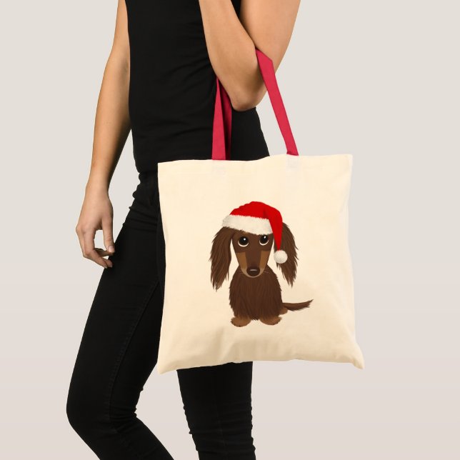 Tote Bag Dachshund Père Noël - Chocolat à poil long (Devant (produit))