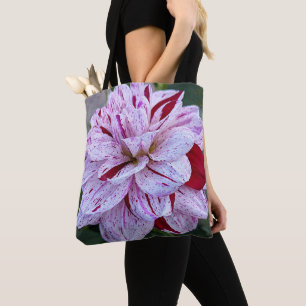 Tote Bag Dahlia fleuri panaché rouge et blanc floral