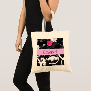 Tote Bag Damas, Fleurs, Noir et Blanc, Votre nom