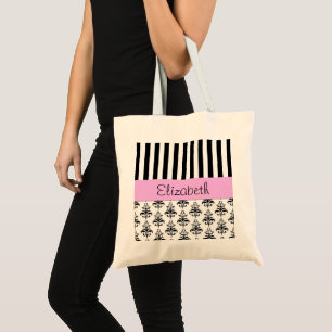 Tote Bag Damas français, bandes, noir et blanc, Votre nom