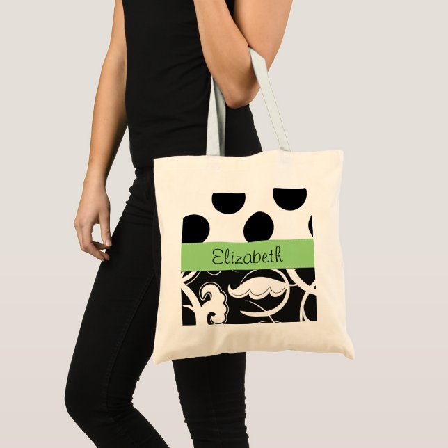 Tote Bag Damas, Pois, noir et blanc, Votre nom (Devant (produit))