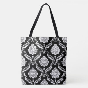 Tote Bag Damas Rococo Grand Motif Blanc sur Noir