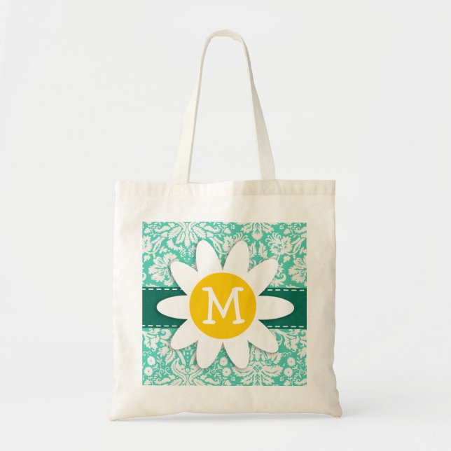 Tote Bag Damassé verte de Seafoam ; Marguerite de ressort (Devant)