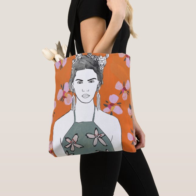 Tote Bag Dame aux fleurs roses - Orange (De près)
