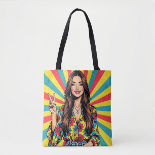 Tote Bag Dame de l'art pop rétro faisant le signe de la pai