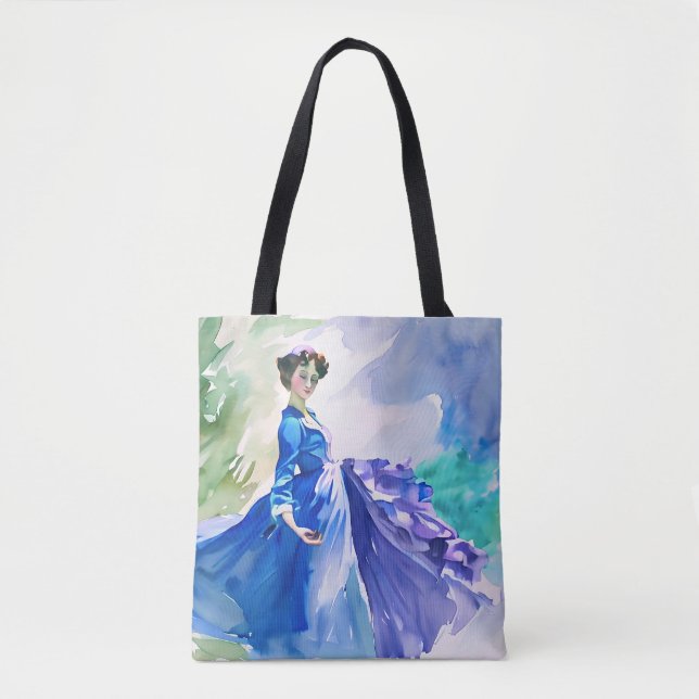 Tote Bag Dame en Robe Bleue - Peinture aquarelle (Devant)