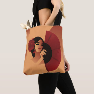 Tote Bag Dame espagnole avec ventilateur et rose rouge chev