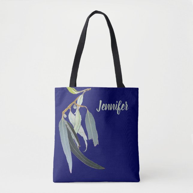 Tote Bag Dark Navy with Watercolor Leaves Named  (Devant)