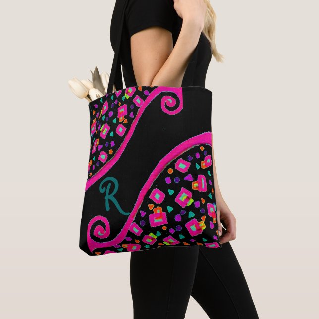 Tote Bag DECO Monogramme bleu rose Carrés verts en noir (De près)