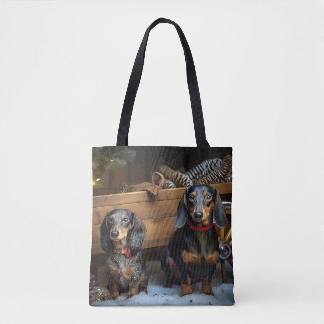 Tote Bag Décor de Noël Dachshund Snowy Sleigh (Devant)