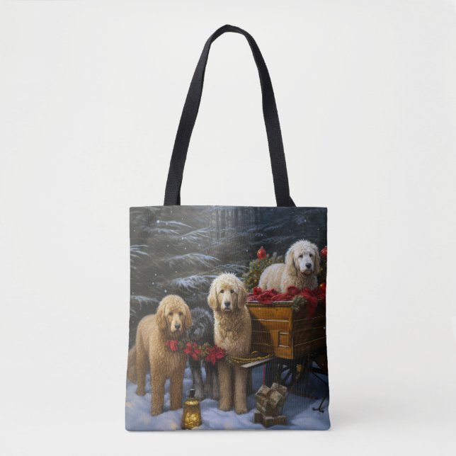 Tote Bag Décor de Noël Goldendoodle Snowy Sleigh (Devant)