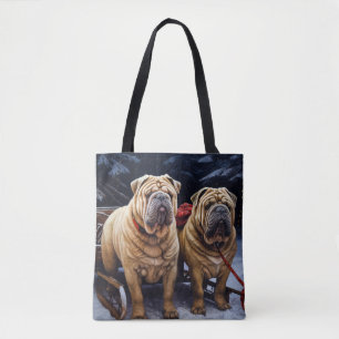 Tote Bag Décor de Noël Shar Pei Snowy Sleigh