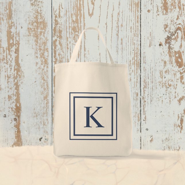 Tote Bag Deep Navy And White Square Border Monogram  (Créateur téléchargé)