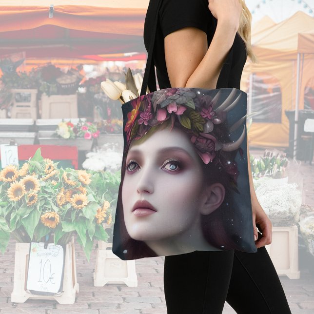 Tote Bag Déesse de l'Imaginaire d'hiver Portrait floral (Créateur téléchargé)