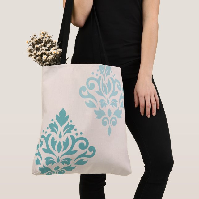 Tote Bag Défiler Damask Art I Teals on Cream (De près)