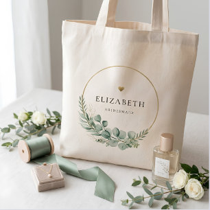 Tote Bag Demoiselle d'honneur Eucalyptus Vert Sauge et Or