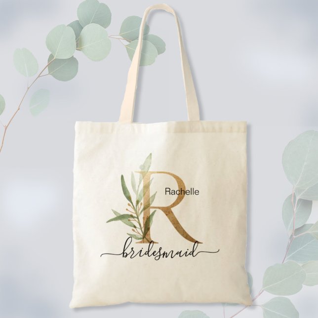 Tote Bag Demoiselle d'honneur Feuille d'or Foliage Monogram (Créateur téléchargé)