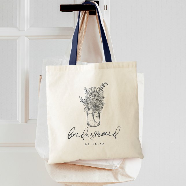 Tote Bag Demoiselle d'honneur fleur sauvage rustique pot en (Rustic Wildflower Mason Jar Calligraphy Bridesmaid Tote Bag)