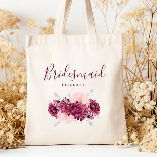 Tote Bag Demoiselle d'honneur florale personnalisée Burgund