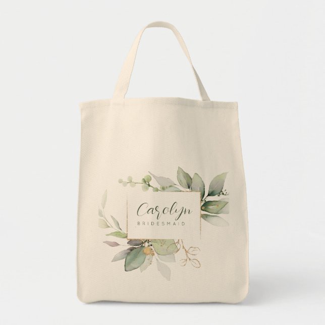 Tote Bag Demoiselle d'honneur Monogrammé Eucalyptus Vert Or (Devant)
