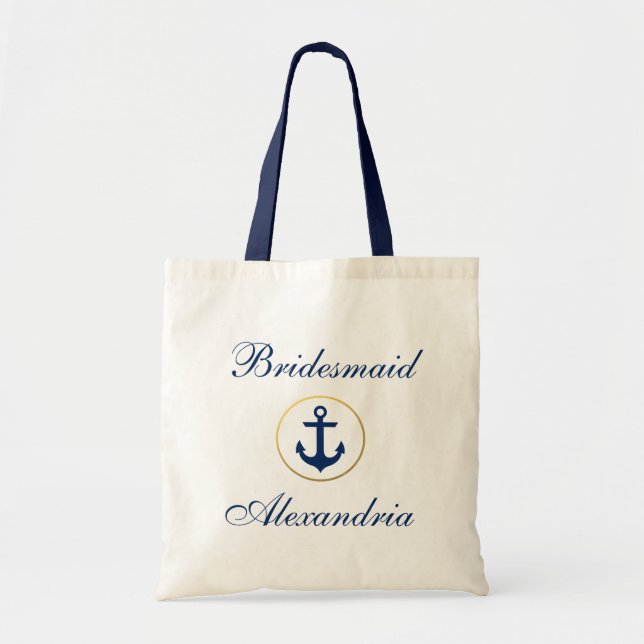 Tote Bag Demoiselle d'honneur nautique d'or de bleu marine (Devant)