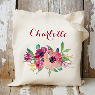 Tote Bag Demoiselle d'honneur personnalisée Floral Bourgogn