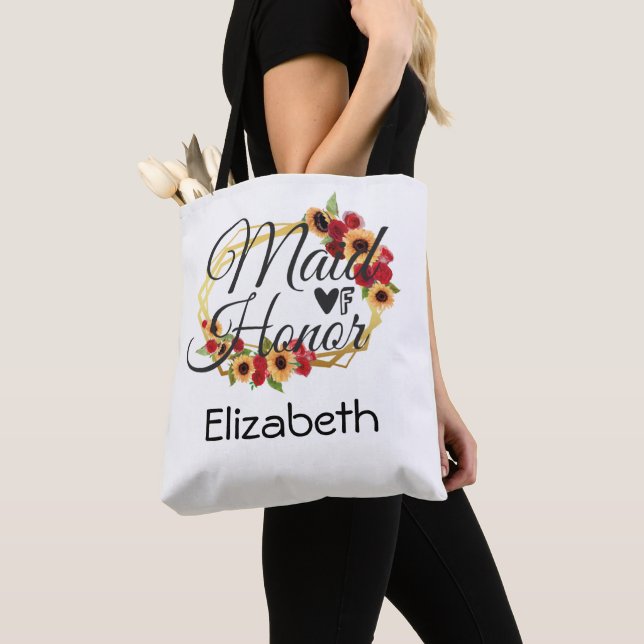 Tote Bag Demoiselle d'honneur Tournesols Roses Cadre Or Mar (De près)