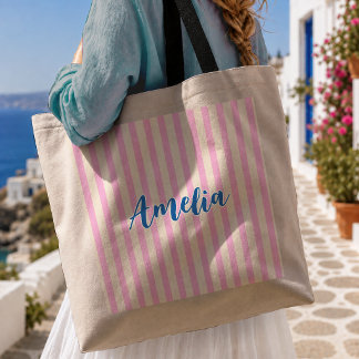 Tote Bag Demoiselles d'honneur modernes rayées rose tenue d