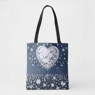 Tote Bag Denim & Diamants Blue Jean Bling Diamant Cœur