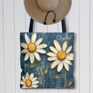 Tote Bag Denim Distressé et Marguerite