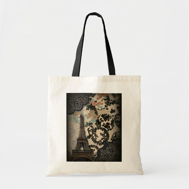 Tote Bag dentelle fleurie noire bohème Paris Tour Eiffel (Devant)