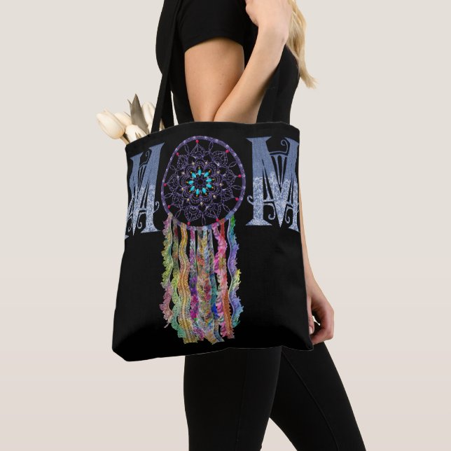 Tote Bag Dentelle MOM et Dreamcatcher Denim Peint (De près)